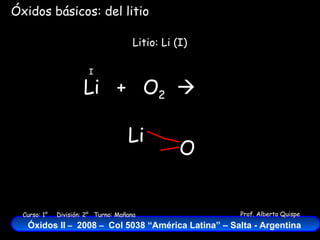 Li  +  O 2    Litio: Li (I) I Óxidos básicos: del litio Li O 