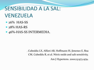 SENSIBILIDAD A LA SAL:
VENEZUELA
 26% HAS-SS
 28% HAS-RS
 46%-HAS-SS INTERMEDIA.
. Cubeddu LX, Alfieri AB, Hoffmann IS, Jimenez E, Roa
CM, Cubeddu R, et al. Nitric oxide and salt sensitivity.
Am J Hypertens. 2000;13:973-979.
 