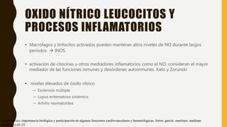 OXIDO NÍTRICO LEUCOCITOS Y
PROCESOS INFLAMATORIOS
• Macrófagos y linfocitos activados pueden mantener altos niveles de NO durante largos
períodos  INOS.
• activación de citocinas u otros mediadores inflamatorios como el NO, consideran el mayor
mediador de las funciones inmunes y desórdenes autoinmunes. Kato y Zorunski
• niveles elevados de óxido nítrico
– Esclerosis múltiple
– Lupus eritematoso sistémico
– Artritis reumatoidea.
óxido nítrico. importancia biológica y participación en algunas funciones cardiovasculares y hematológicas. ferrer. garcía. martínez. medisan
1998;2(3):45-53
 