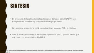 SINTESIS
• En presencia de la calmodulina los electrones donados por el NADPH son
transportados por el FAD y por FMN hacia el grupo hemo.
• La L-arginina se convierte en N-hidroxialanina y luego en NO y L-citrulina.
• la NOS produce una mezcla de aniones superóxido (O2 - ) y óxido nítrico que
reacciona con peroxinitritos (ONCO- )
óxido nítrico. importancia biológica y participación en algunas funciones cardiovasculares y hematológicas. ferrer. garcía. martínez. medisan
1998;2(3):45-53
 