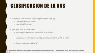 CLASIFICACION DE LA ONS
• isoformas constitutivas calcio-dependientes (cNOS):
– Endotelial (eNOS) o tipo III
– Neural (nNOS) o tipo I
• (lNOS) o tipo II. o inducible
– macrófagos, hepatocitos, neutrófilos, músculo liso,
– Inducidos por estímulos inmunológicos tales como: IFN-g, TNF-a y LPS
– Generan gran cantidad de NO
óxido nítrico. importancia biológica y participación en algunas funciones cardiovasculares y hematológicas. ferrer. garcía. martínez. medisan
1998;2(3):45-53
 