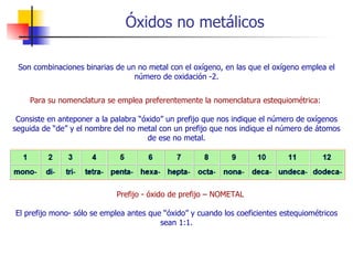 Óxidos no metálicos Son combinaciones binarias de un no metal con el oxígeno, en las que el oxígeno emplea el número de oxidación -2. Para su nomenclatura se emplea preferentemente la nomenclatura estequiométrica:   Consiste en anteponer a la palabra “óxido” un prefijo que nos indique el número de oxígenos seguida de “de” y el nombre del no metal con un prefijo que nos indique el número de átomos de ese no metal.          Prefijo - óxido de prefijo – NOMETAL El prefijo mono- sólo se emplea antes que “óxido” y cuando los coeficientes estequiométricos sean 1:1. 