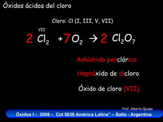 Cl 2   +  O 2    Cloro: Cl (I, III, V, VII) VII Óxidos ácidos del cloro Cl 2 O 7 2 7 2 Óxido de cloro  (VII) Heptó xido de  di cloro Anhídrido   per clór ico 