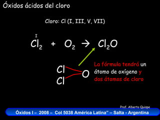 Cl 2   +  O 2    Cloro: Cl (I, III, V, VII) I La fórmula tendrá  un átomo de oxígeno  y dos átomos de cloro Cl 2 O Óxidos ácidos del cloro Cl O Cl 