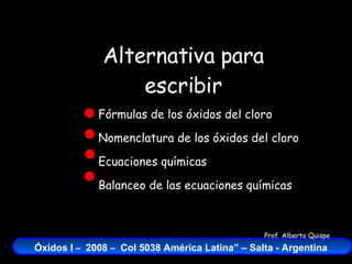 Fórmulas de los óxidos del cloro Nomenclatura de los óxidos del cloro Ecuaciones químicas Balanceo de las ecuaciones químicas Alternativa para escribir 