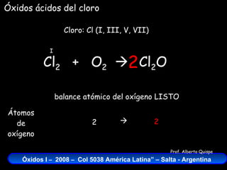Cl 2   +  O 2    Cloro: Cl (I, III, V, VII) I Cl 2 O balance atómico del oxígeno LISTO Átomos de oxígeno 2 2  2 Óxidos ácidos del cloro 