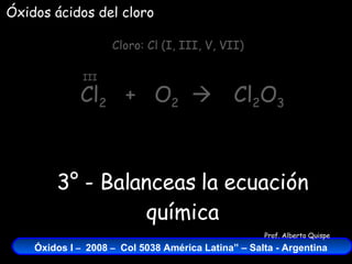 Cl 2   +  O 2    Cloro: Cl (I, III, V, VII) III Cl 2 O 3 Óxidos ácidos del cloro 3° - Balanceas la ecuación química 