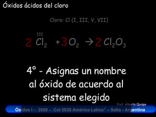 Cl 2   +  O 2    Cloro: Cl (I, III, V, VII) III Cl 2 O 3 Óxidos ácidos del cloro 2 3 2 4° - Asignas un nombre al óxido de acuerdo al sistema elegido 