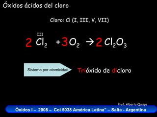 Cl 2   +  O 2    Cloro: Cl (I, III, V, VII) III Cl 2 O 3 Óxidos ácidos del cloro 2 3 2 Tri óxido de  di cloro Sistema por atomicidad 