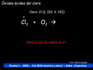 Cl 2   +  O 2    Cloro: Cl (I, III, V, VII) V Óxidos ácidos del cloro Ahora con la valencia V 