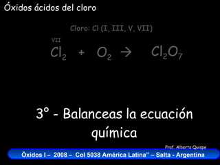Cl 2   +  O 2    Cloro: Cl (I, III, V, VII) VII Óxidos ácidos del cloro Cl 2 O 7 3° - Balanceas la ecuación química 