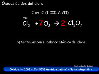 Cl 2   +  O 2    Cloro: Cl (I, III, V, VII) VII Óxidos ácidos del cloro Cl 2 O 7 2 7 b) Continuas con el balance atómico del cloro 