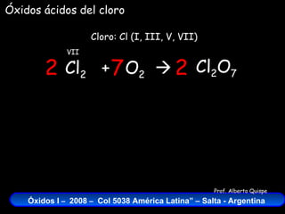 Cl 2   +  O 2    Cloro: Cl (I, III, V, VII) VII Óxidos ácidos del cloro Cl 2 O 7 2 7 2 