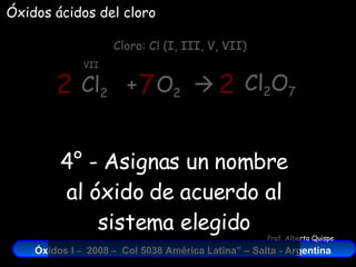 Cl 2   +  O 2    Cloro: Cl (I, III, V, VII) VII Óxidos ácidos del cloro Cl 2 O 7 2 7 2 4° - Asignas un nombre al óxido de acuerdo al sistema elegido 