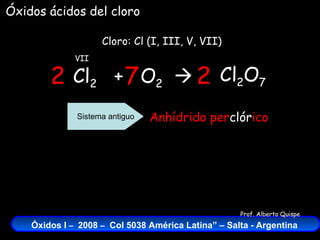 Cl 2   +  O 2    Cloro: Cl (I, III, V, VII) VII Óxidos ácidos del cloro Cl 2 O 7 2 7 2 Anhídrido   per clór ico Sistema antiguo 