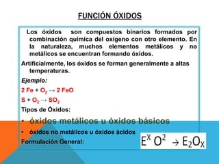 FUNCIÓN ÓXIDOS
Los óxidos son compuestos binarios formados por
combinación química del oxígeno con otro elemento. En
la naturaleza, muchos elementos metálicos y no
metálicos se encuentran formando óxidos.
Artificialmente, los óxidos se forman generalmente a altas
temperaturas.
Ejemplo:
2 Fe + O2 → 2 FeO
S + O2 → SO2
Tipos de Óxidos:
• óxidos metálicos u óxidos básicos
• óxidos no metálicos u óxidos ácidos
Formulación General:
 