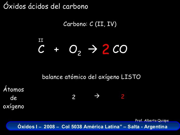 C  +  O 2    CO Carbono: C (II, IV) II balance atómico del oxígeno LISTO 2 Átomos de oxígeno 2 2  Óxidos ácidos del carb...