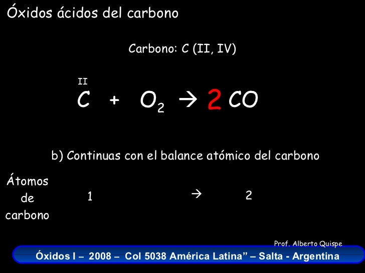 C  +  O 2    CO Carbono: C (II, IV) II b) Continuas con el balance atómico del carbono 2 Átomos de carbono 1 2  Óxidos á...