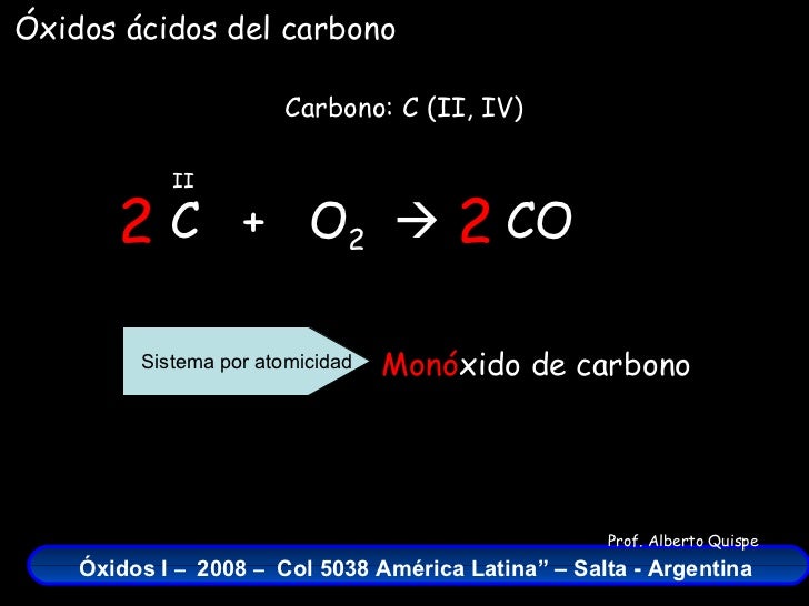 C  +  O 2    CO Carbono: C (II, IV) II 2 2 Monó xido de carbono Sistema por atomicidad Óxidos ácidos del carbono 