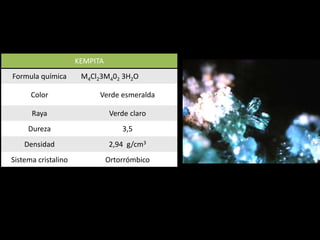 KEMPITA
Formula química M4Cl23M402 3H2O
Color Verde esmeralda
Raya Verde claro
Dureza 3,5
Densidad 2,94 g/cm3
Sistema cristalino Ortorrómbico
 