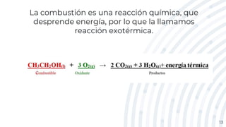La combustión es una reacción química, que
desprende energía, por lo que la llamamos
reacción exotérmica.
13
 