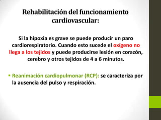 Rehabilitacióndel funcionamiento
cardiovascular:
Si la hipoxia es grave se puede producir un paro
cardiorespiratorio. Cuando esto sucede el oxígeno no
llega a los tejidos y puede producirse lesión en corazón,
cerebro y otros tejidos de 4 a 6 minutos.
 Reanimación cardiopulmonar (RCP): se caracteriza por
la ausencia del pulso y respiración.
 