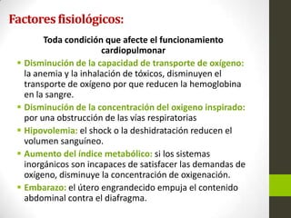 Factoresfisiológicos:
Toda condición que afecte el funcionamiento
cardiopulmonar
 Disminución de la capacidad de transporte de oxígeno:
la anemia y la inhalación de tóxicos, disminuyen el
transporte de oxígeno por que reducen la hemoglobina
en la sangre.
 Disminución de la concentración del oxigeno inspirado:
por una obstrucción de las vías respiratorias
 Hipovolemia: el shock o la deshidratación reducen el
volumen sanguíneo.
 Aumento del índice metabólico: si los sistemas
inorgánicos son incapaces de satisfacer las demandas de
oxígeno, disminuye la concentración de oxigenación.
 Embarazo: el útero engrandecido empuja el contenido
abdominal contra el diafragma.
 