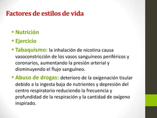 Factoresde estilosde vida
 Nutrición
 Ejercicio
 Tabaquismo: la inhalación de nicotina causa
vasoconstricción de los vasos sanguíneos periféricos y
coronarios, aumentando la presión arterial y
disminuyendo el flujo sanguíneo.
 Abuso de drogas: deterioro de la oxigenación tisular
debido a la ingesta baja de nutrientes y depresión del
centro respiratorio reduciendo la frecuencia y
profundidad de la respiración y la cantidad de oxígeno
inspirado.
 