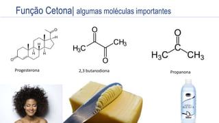 Estrutura
R - OH
Cadeia Orgânica Ligada a uma ou mais HIDROXILASProgesterona 2,3 butanodiona Propanona
Função Cetona| algumas moléculas importantes
 