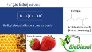 R – C(O) –O R’
Radical alcooxila ligado a uma carbonila
Exemplo
Acetato de isopentila
(Aroma do morango)
Propriedades
anestésicas
(Éter etílico)
Função Éster| estrutura
Aroma de morangoCeras
 