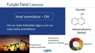 Anel aromático – OH
Um ou mais hidroxilas ligas a um ou
mais anéis aromáticos
Exemplo
Hidroxinaftaleno
(Naftol)
Propriedades
anestésicas
(Éter etílico)
Presentes em
antioxidantes
naturais e sintéticos
Presentes em
frações do petróleo
Função Fenol | estrutura
 