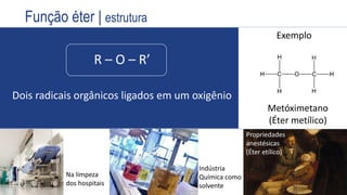 R – O – R’
Dois radicais orgânicos ligados em um oxigênio
Exemplo
Metóximetano
(Éter metílico)
Propriedades
anestésicas
(Éter etílico)
Indústria
Química como
solvente
Na limpeza
dos hospitais
Função éter | estrutura
 