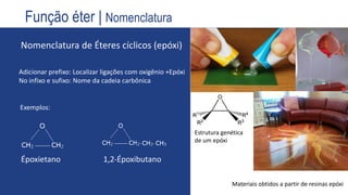  Nomenclatura de Éteres cíclicos (epóxi)
(Éter Isopropílico e metílico)
PROPOXI PROPANO
(Éter Isopropílico e Metílico)
Estrutura genética
de um epóxi
Materiais obtidos a partir de resinas epóxi
Adicionar prefixo: Localizar ligações com oxigênio +Epóxi
No infixo e sufixo: Nome da cadeia carbônica
Époxietano 1,2-Époxibutano
Exemplos:
Função éter | Nomenclatura
 