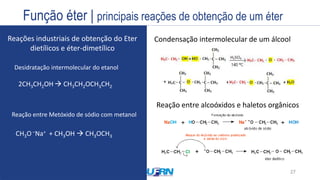 Estrutura
Exemplos
Nome
Prefixo + Infixo + Sufixo
Nome
CH3-OH
Sítios básicos da hidroxila promovem
ataques nucleofílicos Sítio ácido de outra molécula
27
Condensação intermolecular de um álcool
Reação entre alcoóxidos e haletos orgânicos
Reações industriais de obtenção do Eter
dietílicos e éter-dimetílico
2CH3CH2OH  CH3CH2OCH3CH2
Desidratação intermolecular do etanol
CH3O –Na+ + CH3OH  CH3OCH3
Reação entre Metóxido de sódio com metanol
Função éter | principais reações de obtenção de um éter
 