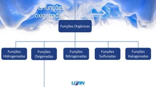 Funções Orgânicas
Funções
Oxigenadas
Funções
Nitrogenadas
Funções
Hidrogenadas
Funções
Sulfuradas
Funções
Halogenadas
As funções
oxigenadas
 