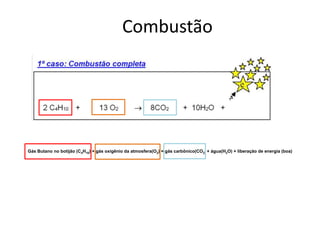 Combustão 
Gás Butano no botijão (C4H10) + gás oxigênio da atmosfera(O2) = gás carbônico(CO2) + água(H2O) + liberação de energia (boa) 
 