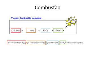Combustão 
Gás Butano no botijão (C4H10) + gás oxigênio da atmosfera(O2) = gás carbônico(CO2) + água(H2O) + liberação de energia (boa) 
 