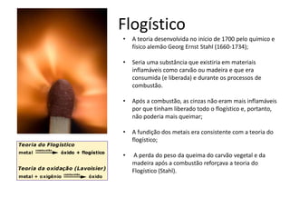 Flogístico 
• A teoria desenvolvida no início de 1700 pelo químico e 
físico alemão Georg Ernst Stahl (1660-1734); 
• Seria uma substância que existiria em materiais 
inflamáveis como carvão ou madeira e que era 
consumida (e liberada) e durante os processos de 
combustão. 
• Após a combustão, as cinzas não eram mais inflamáveis 
por que tinham liberado todo o flogístico e, portanto, 
não poderia mais queimar; 
• A fundição dos metais era consistente com a teoria do 
flogístico; 
• A perda do peso da queima do carvão vegetal e da 
madeira após a combustão reforçava a teoria do 
Flogístico (Stahl). 
 