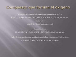 El oxigeno forma muchos compuestos, por ejemplo oxidos:
CO2, CO, H2O, CaO, Na2O, K2O, Fe2O3, SO3, SO2, NO2, N2O4, etc, etc, etc.
Hidroxidos:
Met(OH)x (donde Met es un metal)
Oxiacidos, como:
H2SO4, H3PO4, HNO3, HClO4, HClO, HBrO3, HFO2, etc, etc, etc.
Sales de oxiacidos (las que resultan de neutralizar oxiacidos con hidroxidos):
Ca(NO3)2, FeSO4, Pb(ClO4)2, y muchos etceteras.
 