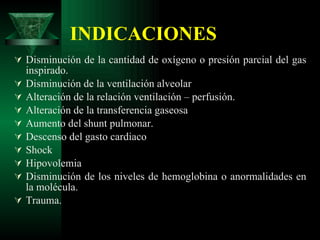 INDICACIONES Disminución de la cantidad de oxígeno o presión parcial del gas inspirado. Disminución de la ventilación alveolar Alteración de la relación ventilación – perfusión. Alteración de la transferencia gaseosa Aumento del shunt pulmonar. Descenso del gasto cardiaco Shock Hipovolemia Disminución de los niveles de hemoglobina o anormalidades en la molécula. Trauma. 