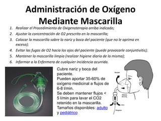 Administración de Oxígeno
Mediante Mascarilla
1. Realizar el Procedimiento de Oxigenoterapia arriba indicado;
2. Ajustar la concentración de O2 prescrito en la mascarilla;
3. Colocar la mascarilla sobre la nariz y boca del paciente (que no le oprima en
exceso);
4. Evitar las fugas de O2 hacia los ojos del paciente (puede provocarle conjuntivitis);
5. Mantener la mascarilla limpia (realizar higiene diaria de la misma);
6. Informar a la Enfermera de cualquier incidencia ocurrida.
Cubre nariz y boca del
paciente.
Pueden aportar 35-60% de
oxígeno medicinal a flujos de
6-8 l/min.
Se deben mantener flujos <
5 l/min para lavar el CO2
retenido en la mascarilla.
Tamaños disponibles: adulto
y pediátrico
 