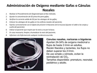 Administración de Oxígeno mediante Gafas o Cánulas
Nasales
1. Realizar el Procedimiento de Oxigenoterapia arriba indicado;
2. Ajustar la concentración de O2 prescrito para gafas;
3. Verificar la correcta salida de O2 por los vástagos de las gafas;
4. Colocar los vástagos de las gafas en los orificios nasales del paciente;
5. Fijarlos correctamente con el objeto de prevenir irritaciones de la mucosa (ajustar el cable a las orejas y
cuello del paciente);
6. Indicar al paciente que respire por la nariz y no por la boca;
7. En caso necesario, limpiar y humedecer la nariz del paciente;
8. Informar a la Enfermera de cualquier incidencia ocurrida.
Cánulas nasales, nariceras o bigoteras
Aportan 24-34% de oxígeno medicinal a
flujos de hasta 3 l/min en adultos.
Recién Nacidos y lactantes, los flujos no
deben superar los 2 l/min.
De uso simple y cómodo, evitan la
reinhalación de CO2.
Tamaños disponibles: prematuro, neonatal,
pediátrico y adulto.
 