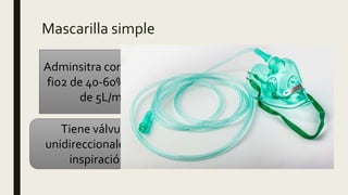 Mascarilla simple
Adminsitra concentraciones medianas de O2. Con una
fio2 de 40-60%. No debe utilizarse en flujos menores
de 5L/min y su Fio2 maxima es 60% a 8L
Tiene válvulas
unidireccionales a la
inspiración
Limitando la mezcla
parcial de O2 con el
aire.
 