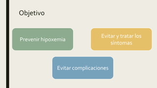 Objetivo
Prevenir hipoxemia
Evitar y tratar los
síntomas
Evitar complicaciones
 