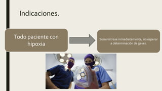 Indicaciones.
Todo paciente con
hipoxia
Suministrase inmediatamente, no esperar
a determinación de gases.
 