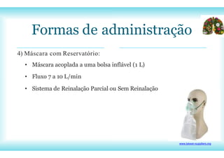 Formas de administração
4) Máscara com Reservatório:
• Máscara acoplada a uma bolsa inflável (1 L)
• Fluxo 7 a 10 L/min
• Sistema de Reinalação Parcial ou Sem Reinalação
www.taiwan-suppliers.org
 