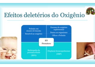 Pulmão em
desenvolvimento
Sensível ao oxigênio
Retinopatia da
prematuridade
(RPO)
Excesso de oxigênio
suplementar
Danos ao organismo
Efeitos deletérios do Oxigênio
Olhos e Pulmão
Displasia broncopulmonar
(DBP)
RN
Prematuro
 