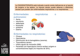 La OXIGENOTERAPIA está indicada cuando exista deficiencia en el aporte
de oxígeno a los tejidos. La hipoxia celular puede deberse a diferentes
causas que pueden ser enfermedades respiratorias o no respiratorias.
Enfermedades respiratorias o
pulmonares:
• Asma,
• neumonía
• atelectasia
• bronquitis
• enfisema
• Edema
Enfermedades no respiratorias:
• Choque.
• Hipovolemia.
• Disminución de la hemoglobina (anemia).
• Traumatismo severo.
• Infarto agudo de miocardio (IAM).
• Pacientes con hipercapnia crónica reciben oxígeno a
concentraciones bajas (no mayores de 30%).
 