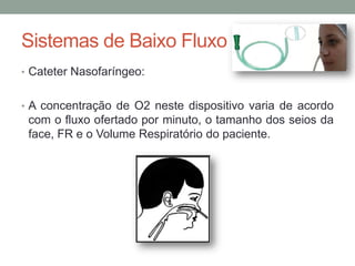 Sistemas de Baixo Fluxo
• Cateter Nasofaríngeo:
• A concentração de O2 neste dispositivo varia de acordo
com o fluxo ofertado por minuto, o tamanho dos seios da
face, FR e o Volume Respiratório do paciente.
 