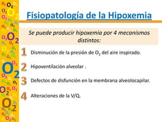 O2
     O2O2
O2
O2 O O2 Fisiopatología de la Hipoxemia
 O2 2 O2
O2 O2
O2 O2 O2
              Se puede producir hipoxemia por 4 mecanismos
O2
O2 O2
     O2                          distintos:
O   O2
  2 O2        Disminución de la presión de O2 del aire inspirado.
O2 O
  O2 2
O2 O

O2
O2 O
O2    2
          2
              Hipoventilación alveolar .

              Defectos de disfunción en la membrana alveolocapilar.
     O2 O2
O2
O2
     O2 O2
        O     Alteraciones de la V/Q.
      O2 2

O2
O2 O2
        O2

O2O2 O
      2
O2O2 O2
 